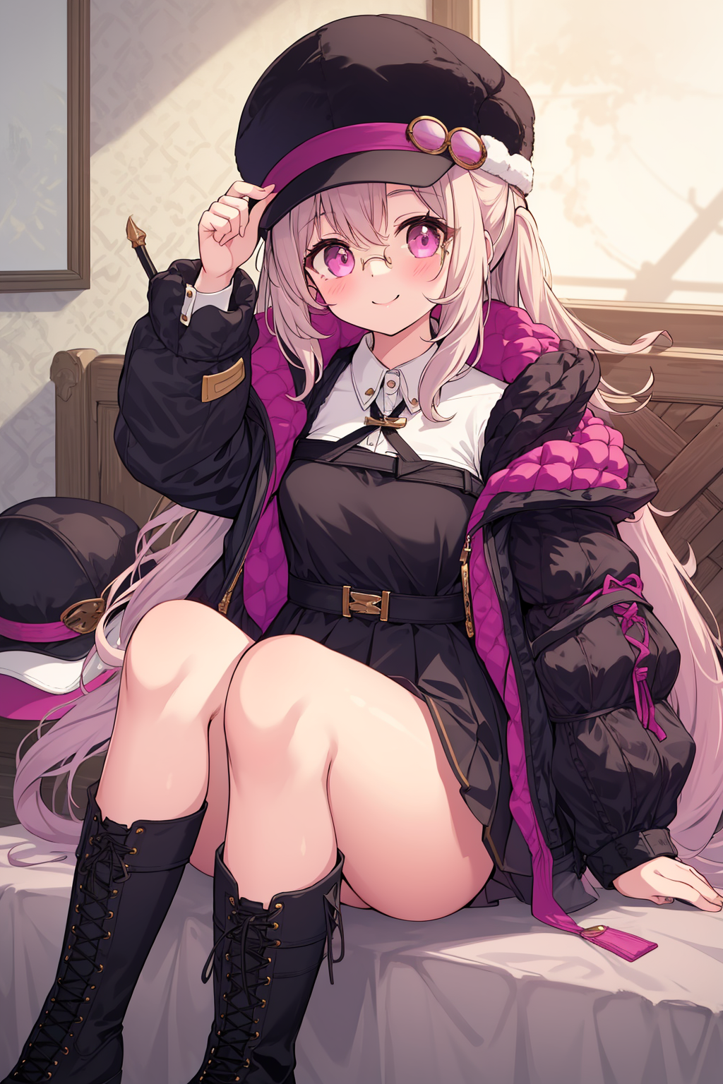 09300-1624207388-1girl, hat, solo, boots, glasses, very long hair, looking at viewer, smile, breasts, black headwear, purple eyes, baseball cap,.png